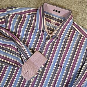 Bugatchi Uomo Mens Stripe Classic Fit Button Down Shirt Size XL Navy Blue Cotton